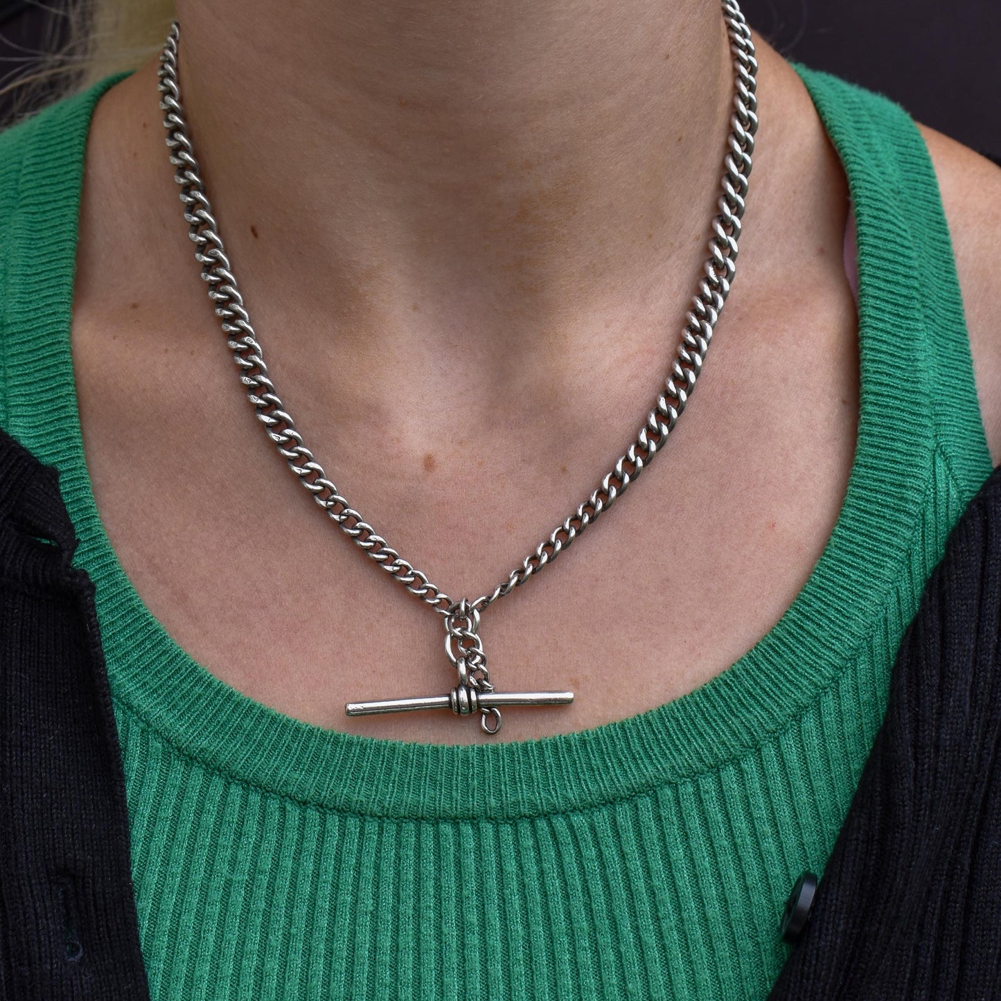 Antique Chester '1910' Sterling Silver Albert Chain Necklace with T-Bar and Dog Clips – 17.5"