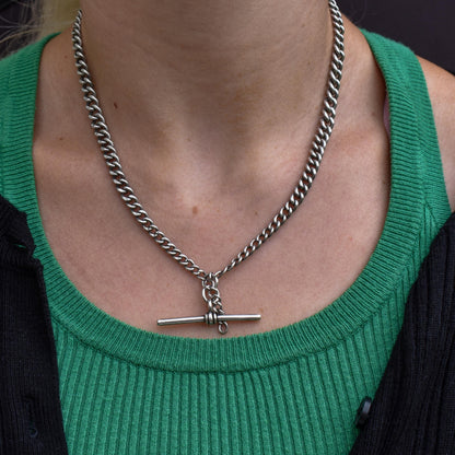 Antique Chester '1910' Sterling Silver Albert Chain Necklace with T-Bar and Dog Clips – 17.5"
