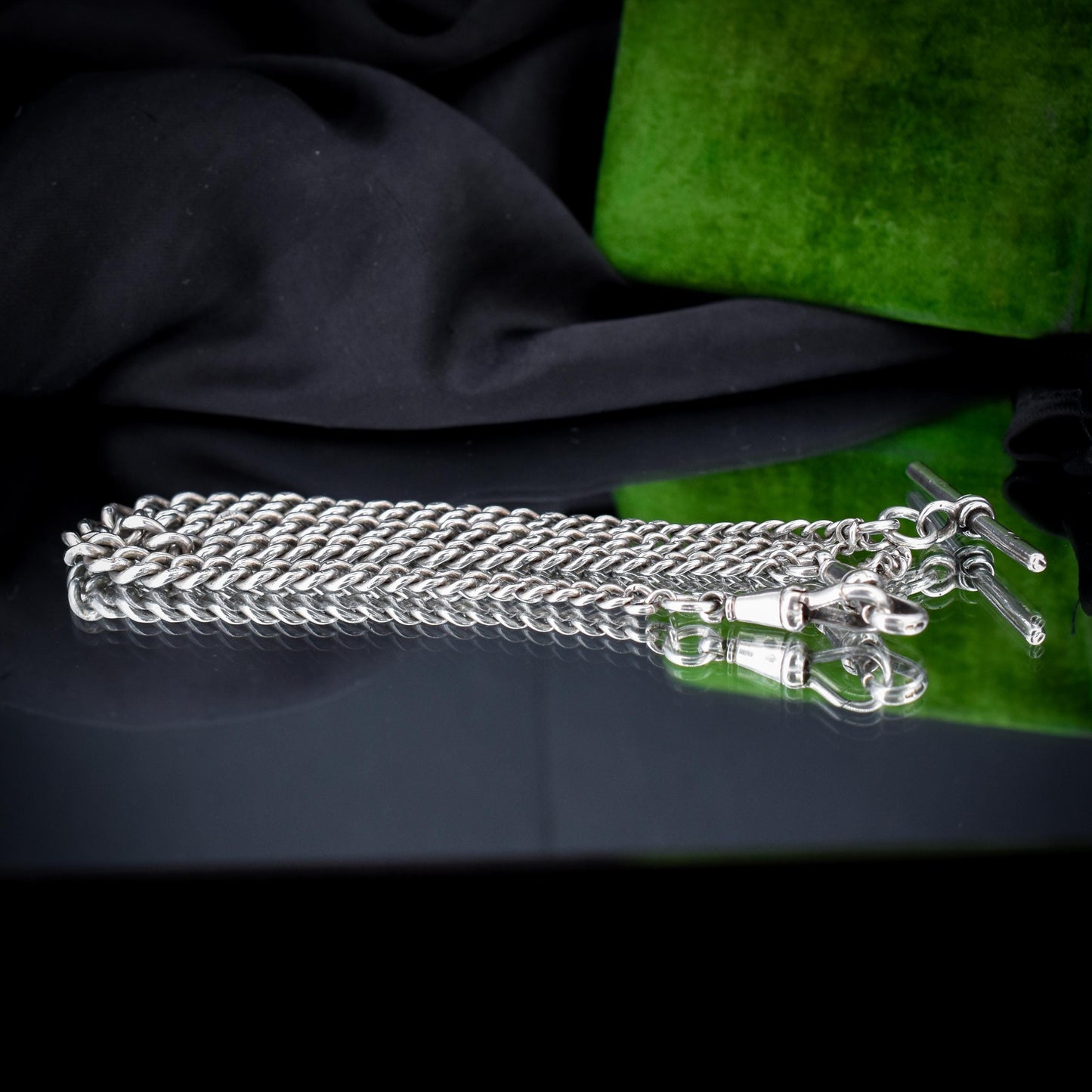 Antique Chester '1910' Sterling Silver Albert Chain Necklace with T-Bar and Dog Clips – 17.5"