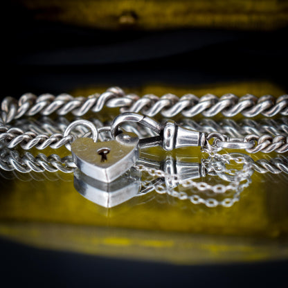 Antique Graduated Curb Sterling Silver Bracelet with Dog Clip and Heart Padlock | 7"