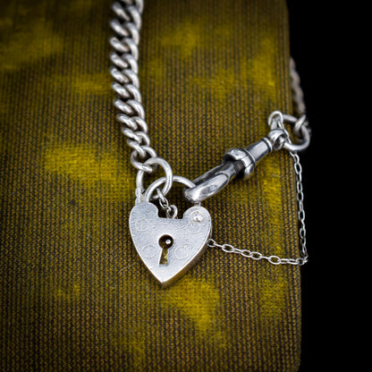 Antique Graduated Curb Sterling Silver Bracelet with Dog Clip and Heart Padlock | 7"