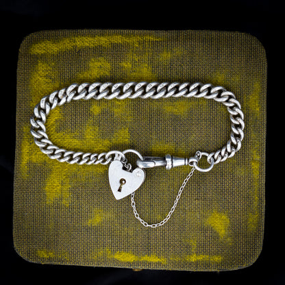 Antique Graduated Curb Sterling Silver Bracelet with Dog Clip and Heart Padlock | 7"