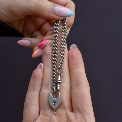 Antique Graduated Curb Sterling Silver Bracelet with Dog Clip and Heart Padlock | 7"