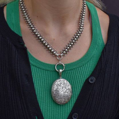 Antique Victorian Sterling Silver Oval Engraved Photo Locket Pendant