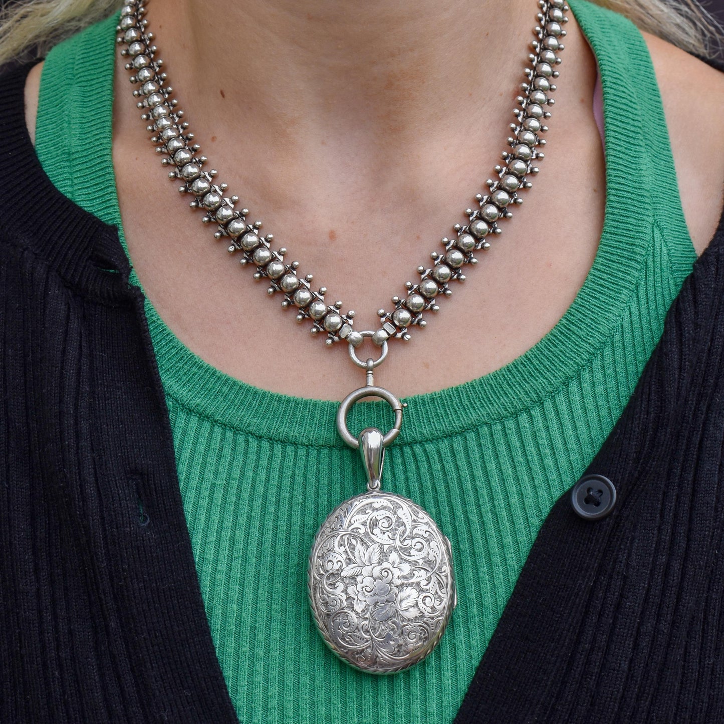 Antique Victorian Sterling Silver Oval Engraved Photo Locket Pendant