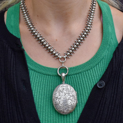 Antique Victorian Sterling Silver Oval Engraved Photo Locket Pendant