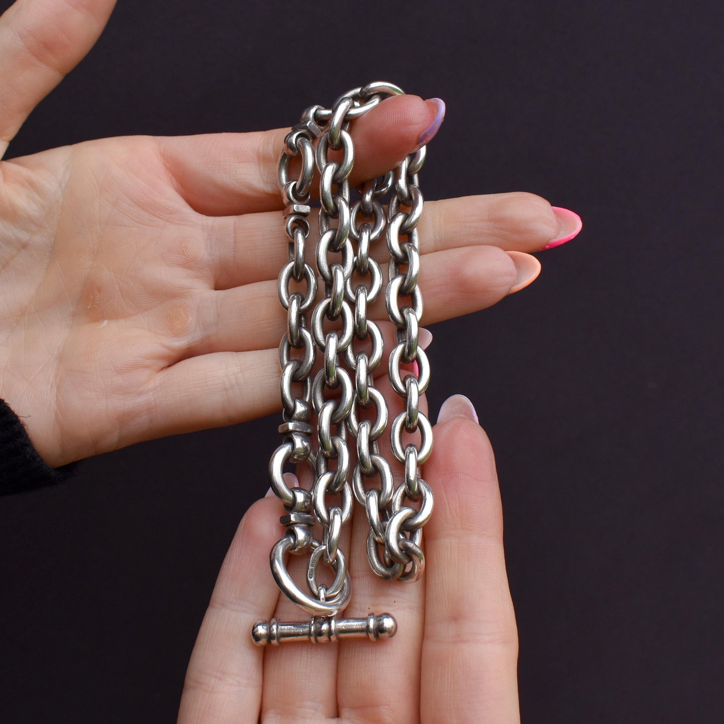 Vintage Heavy Silver Oval Link Toggle Chain Necklace 17.5" Length