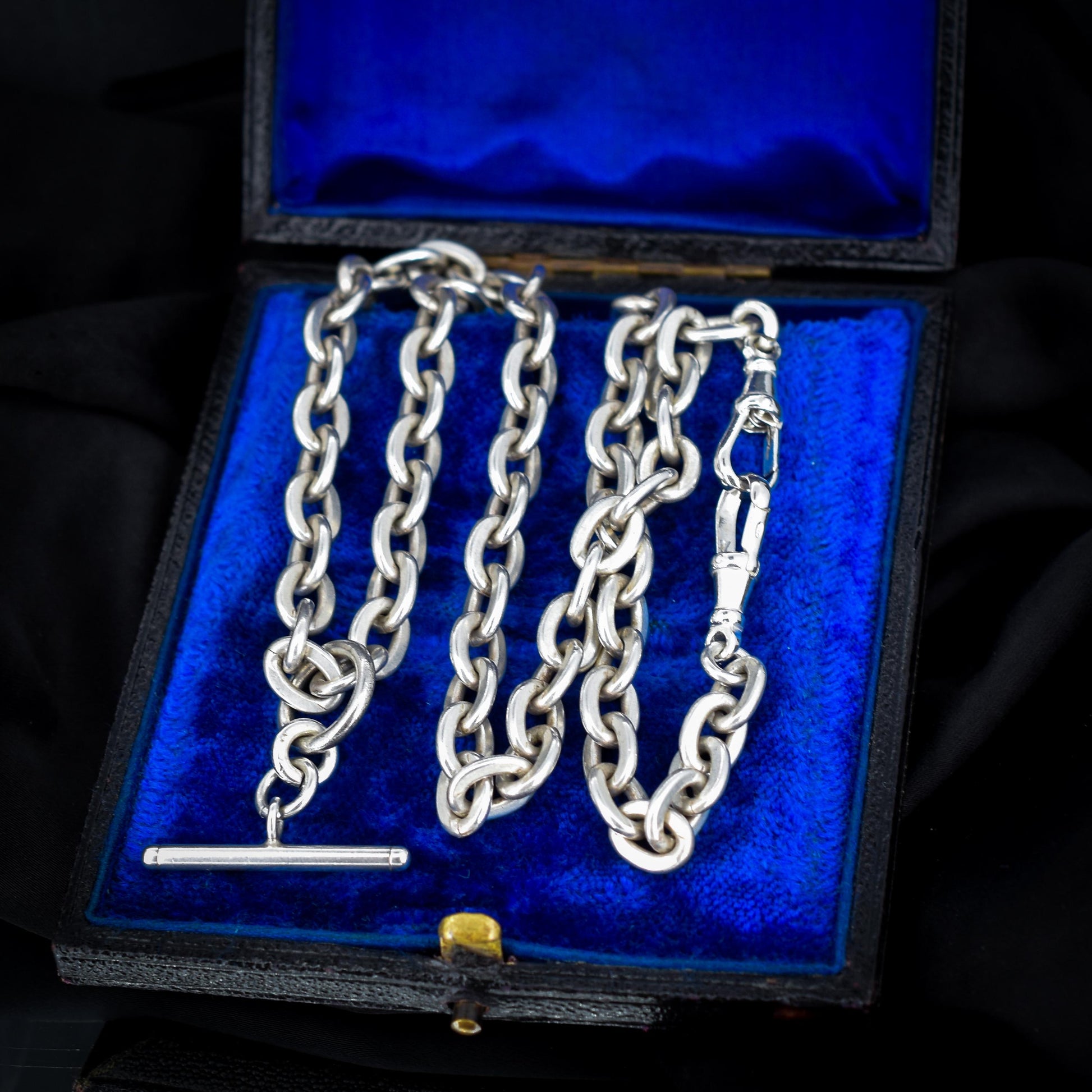 Vintage Sterling Silver Oval Cable Link Watch Chain Necklace with T-Bar and Dog Clips – 21"