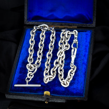 Vintage Sterling Silver Oval Cable Link Watch Chain Necklace with T-Bar and Dog Clips – 21"
