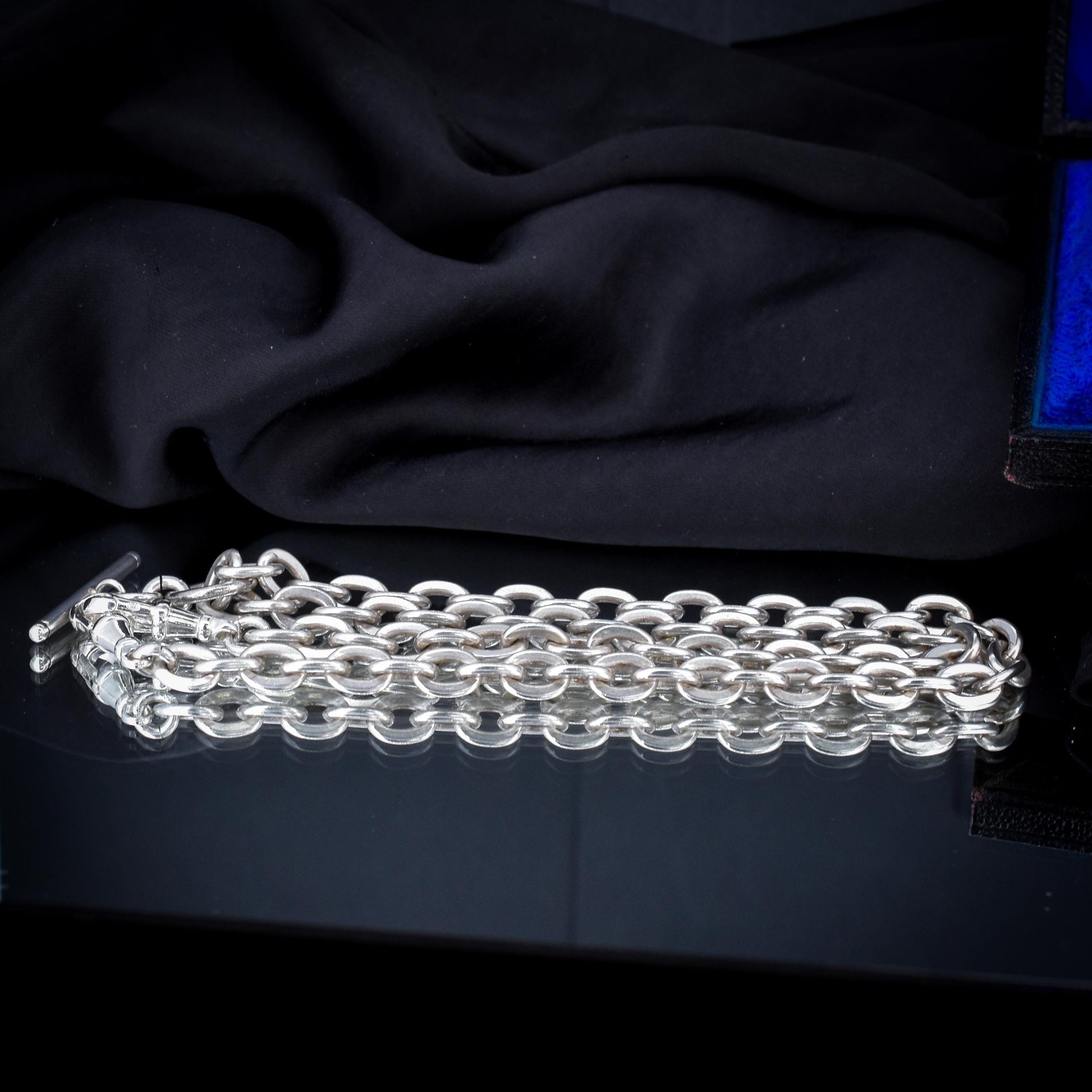 Vintage Sterling Silver Oval Cable Link Watch Chain Necklace with T-Bar and Dog Clips – 21"