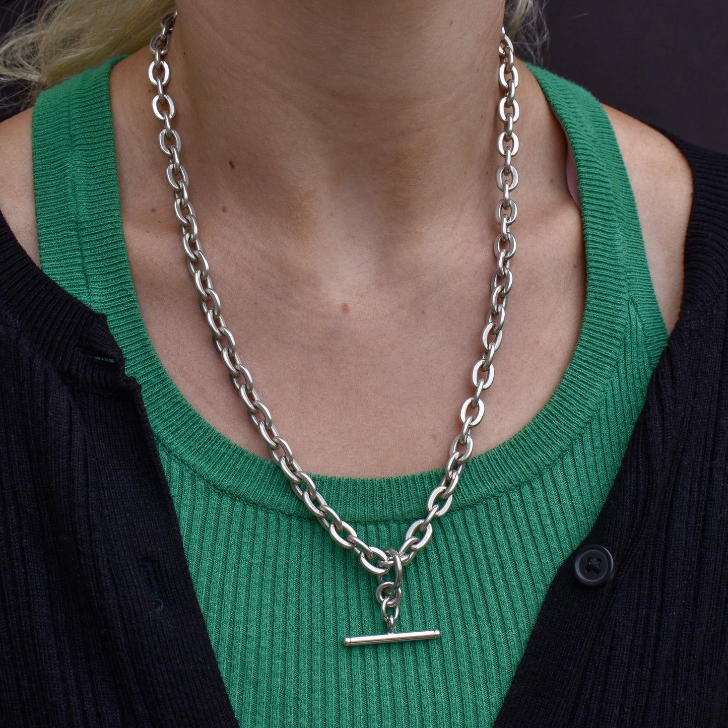 Vintage Sterling Silver Oval Cable Link Watch Chain Necklace with T-Bar and Dog Clips – 21"
