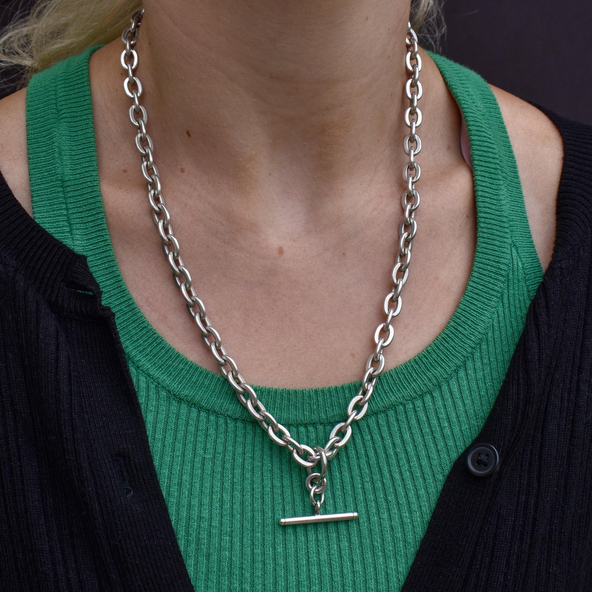 Vintage Sterling Silver Oval Cable Link Watch Chain Necklace with T-Bar and Dog Clips – 21"