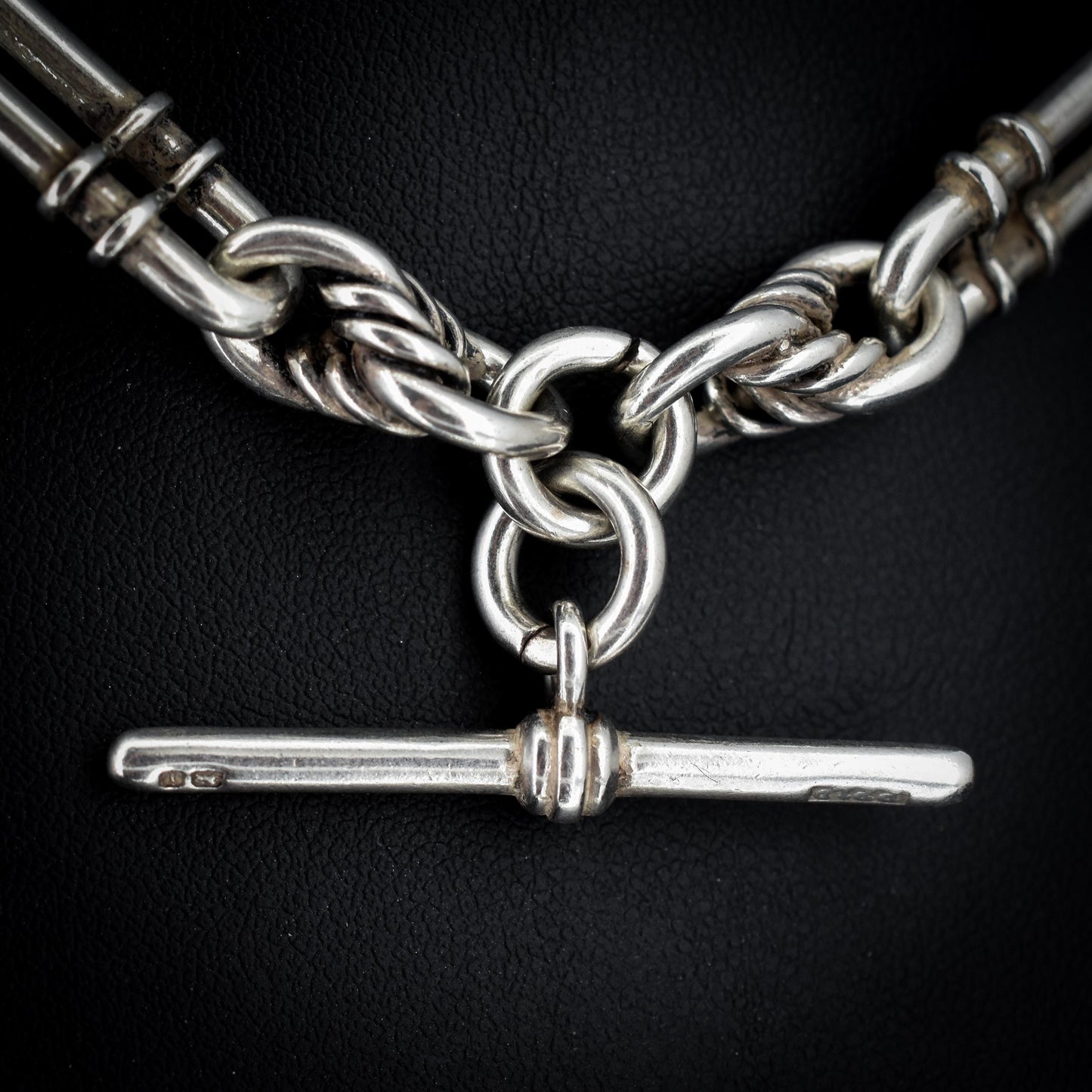 Antique '1908' Sterling Silver Chunky Trombone and Love Knot Albert Chain Necklace | 15"