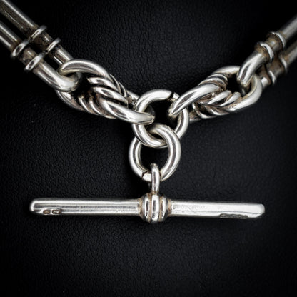 Antique '1908' Sterling Silver Chunky Trombone and Love Knot Albert Chain Necklace | 15"