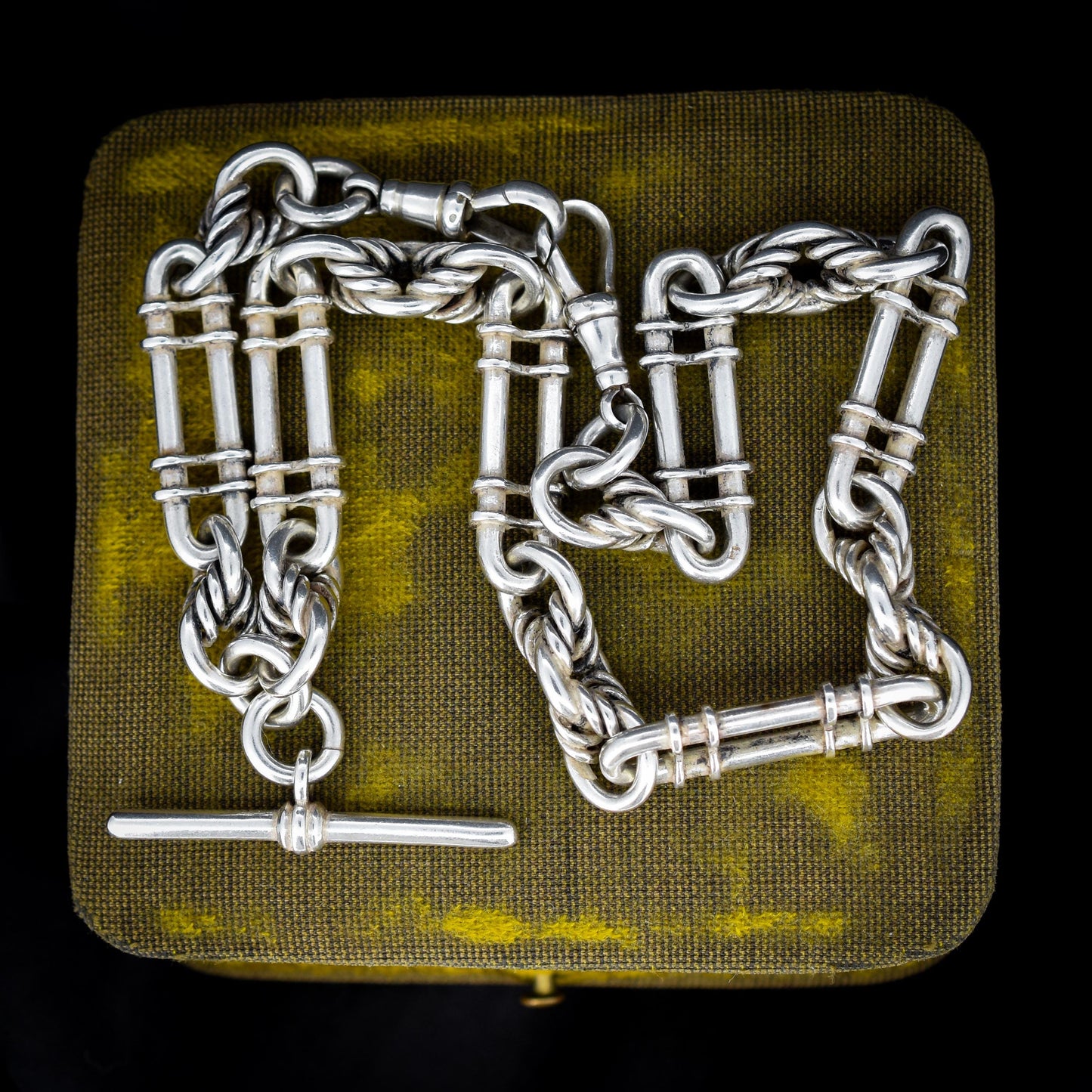 Antique '1908' Sterling Silver Chunky Trombone and Love Knot Albert Chain Necklace | 15"