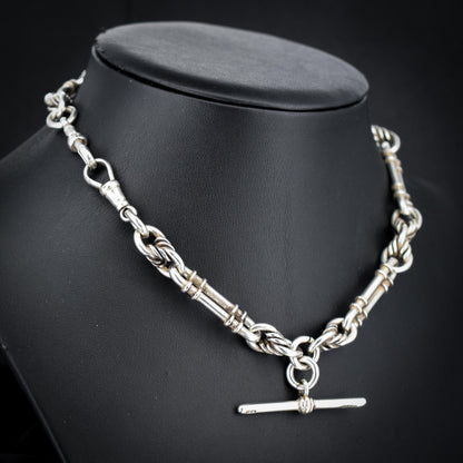 Antique '1908' Sterling Silver Chunky Trombone and Love Knot Albert Chain Necklace | 15"
