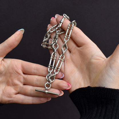 Antique '1908' Sterling Silver Chunky Trombone and Love Knot Albert Chain Necklace | 15"
