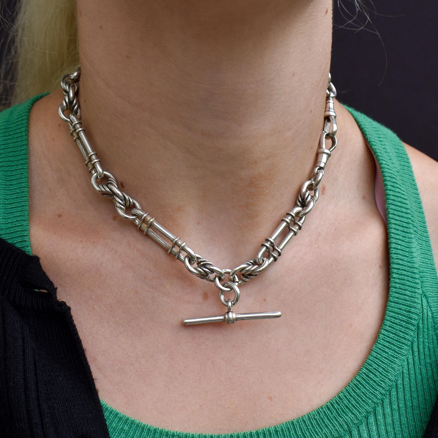 Antique '1908' Sterling Silver Chunky Trombone and Love Knot Albert Chain Necklace | 15"
