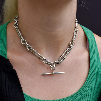 Antique '1908' Sterling Silver Chunky Trombone and Love Knot Albert Chain Necklace | 15"