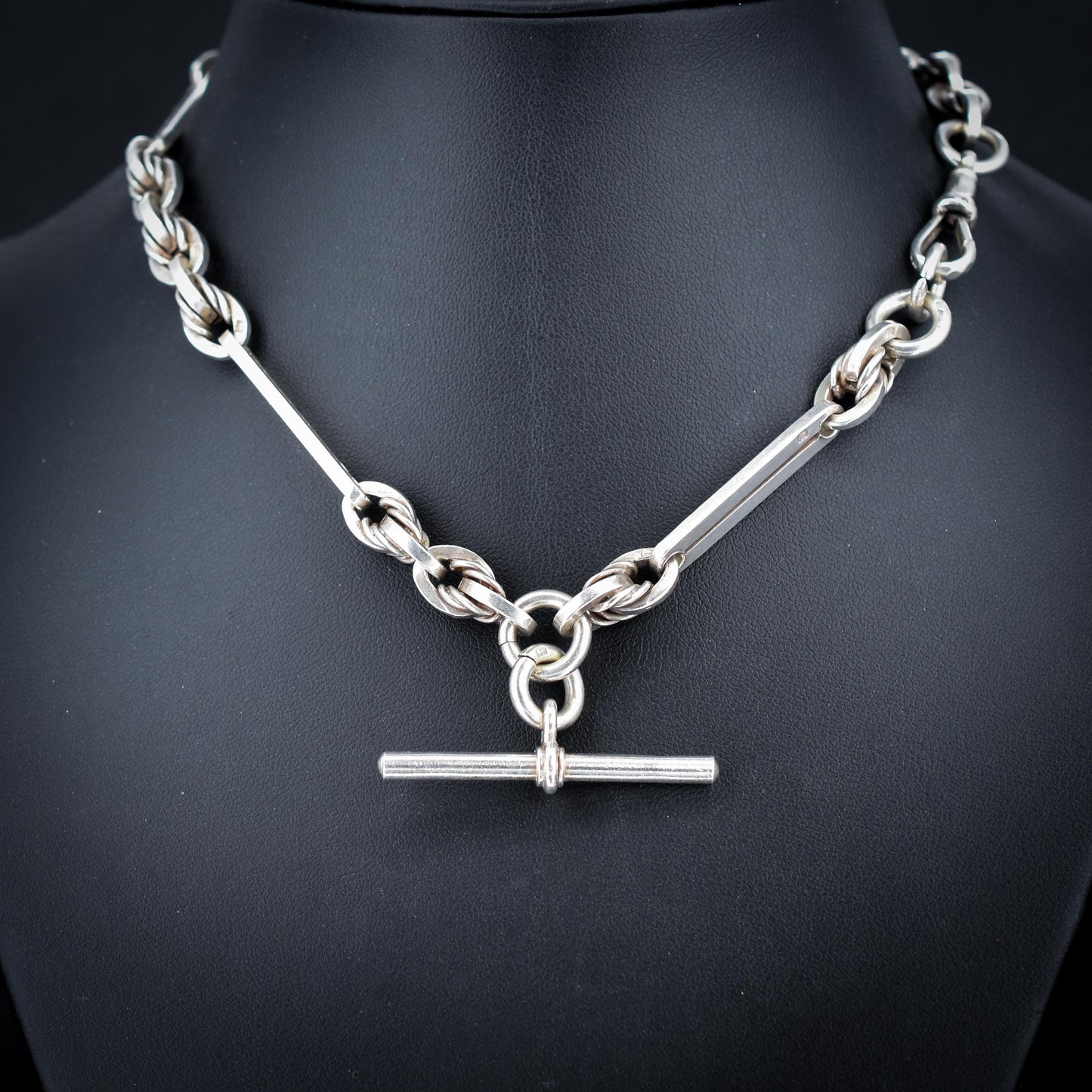 Antique '1901' Sterling Silver Trombone and Love Knot Albert Chain Necklace | 15.25"
