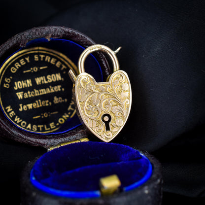 Antique '1903' 9ct Gold Engraved Opening Heart Padlock Charm Pendant