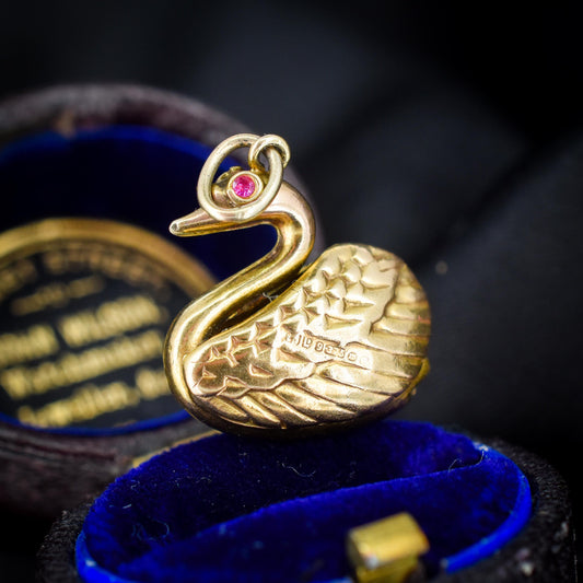 Vintage Swan Bird with Ruby Eyes 9ct Yellow Gold Charm Pendant