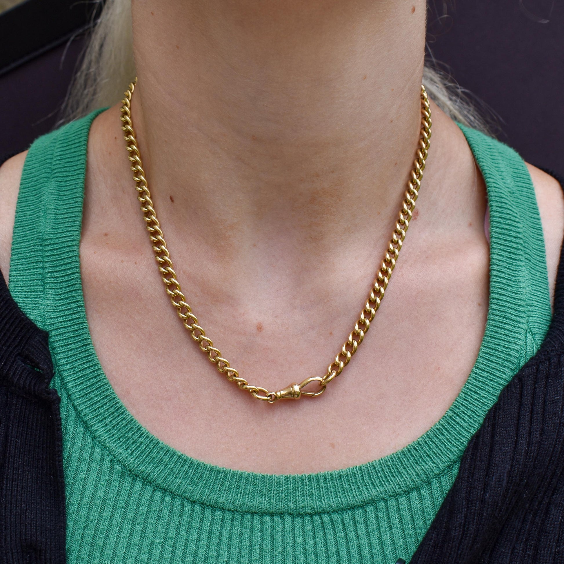Antique 18ct Yellow Gold Curb Link Dog Clip Chain Necklace | 17.25"