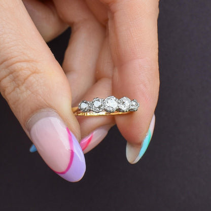 Antique Old Cut Diamond Five Stone 18ct Gold Platinum Ring - 0.78ct total