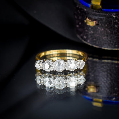 Antique Old Cut Diamond Five Stone 18ct Gold Platinum Ring - 0.78ct total