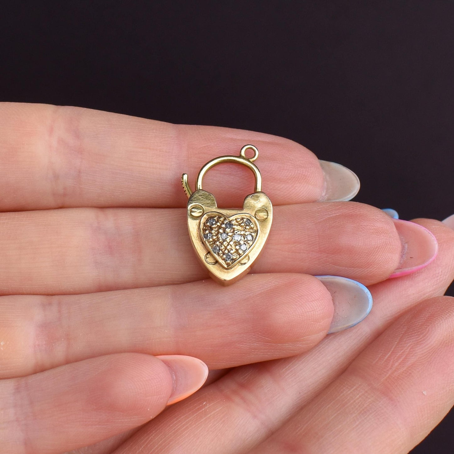 Antique '1907' 9ct Gold Diamond Heart Padlock Charm Pendant
