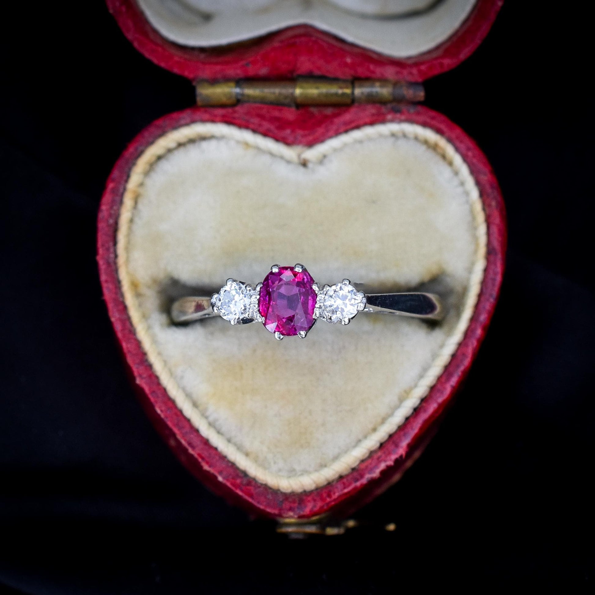 Antique Ruby and Diamond 18ct White Gold Three Stone Trilogy Ring