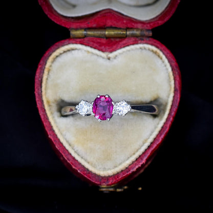 Antique Ruby and Diamond 18ct White Gold Three Stone Trilogy Ring