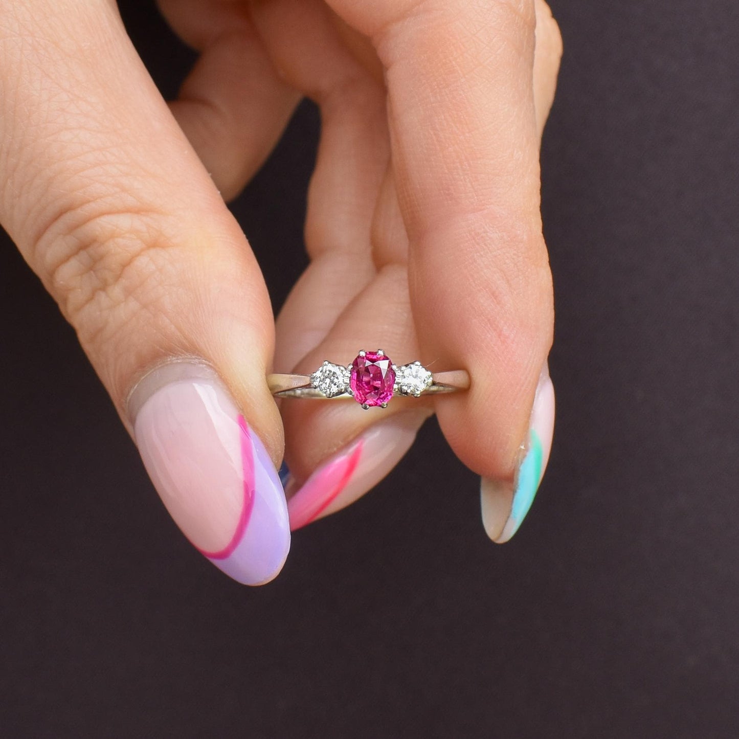 Antique Ruby and Diamond 18ct White Gold Three Stone Trilogy Ring