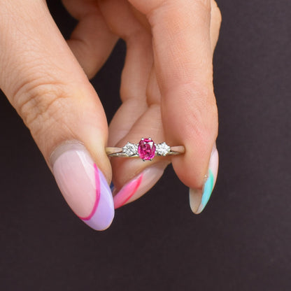 Antique Ruby and Diamond 18ct White Gold Three Stone Trilogy Ring