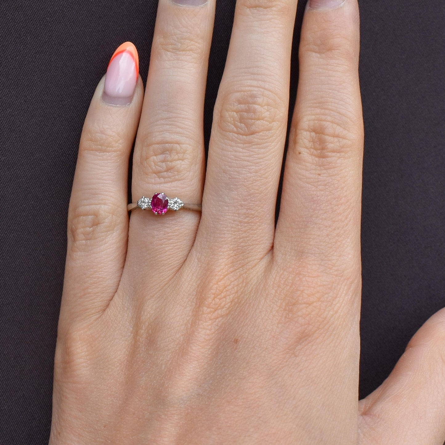 Antique Ruby and Diamond 18ct White Gold Three Stone Trilogy Ring