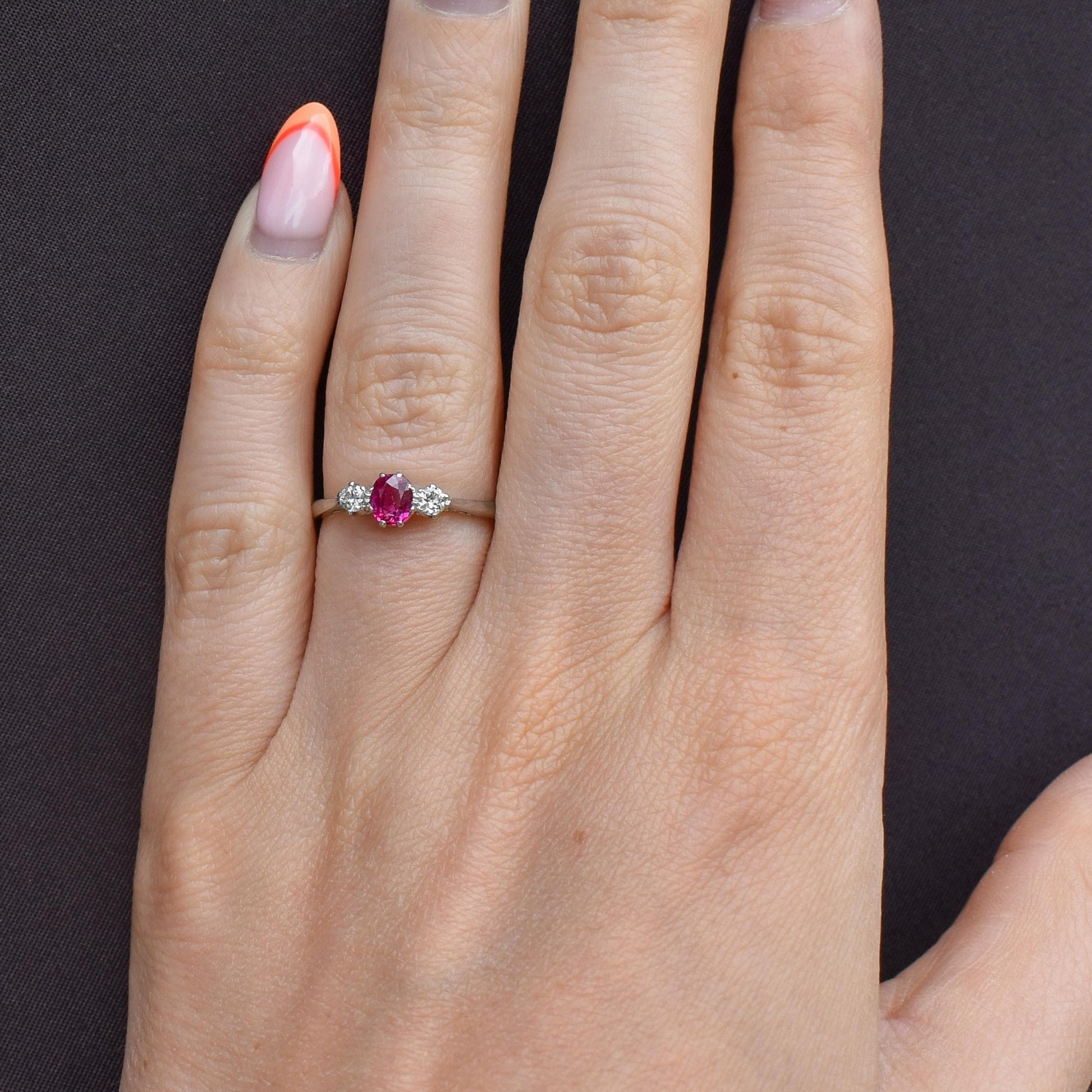 Antique Ruby and Diamond 18ct White Gold Three Stone Trilogy Ring