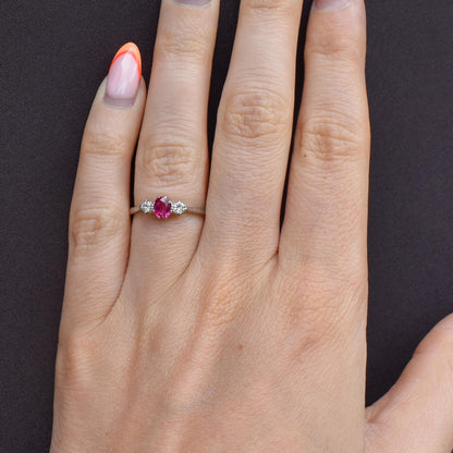Antique Ruby and Diamond 18ct White Gold Three Stone Trilogy Ring