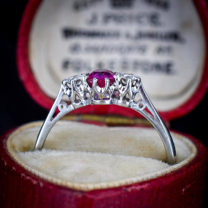 Antique Ruby and Diamond 18ct White Gold Three Stone Trilogy Ring
