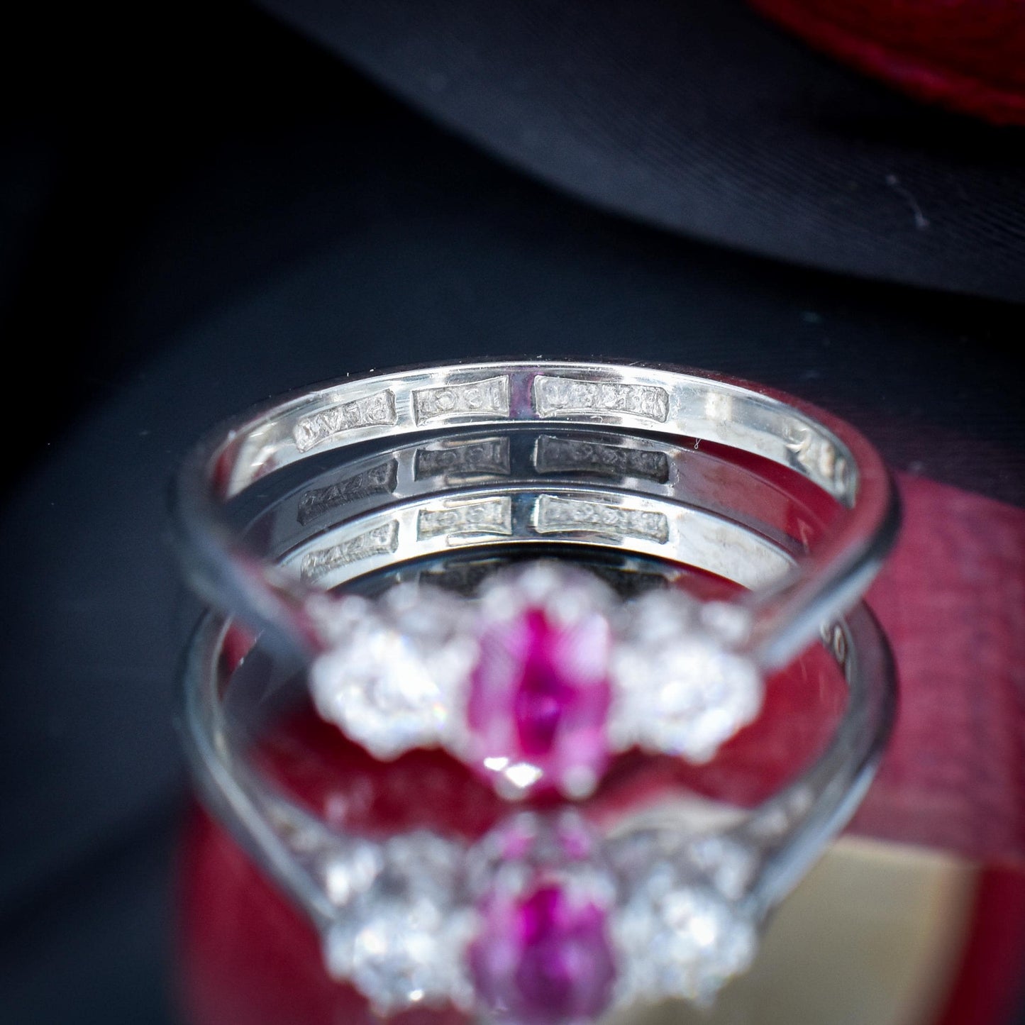 Antique Ruby and Diamond 18ct White Gold Three Stone Trilogy Ring