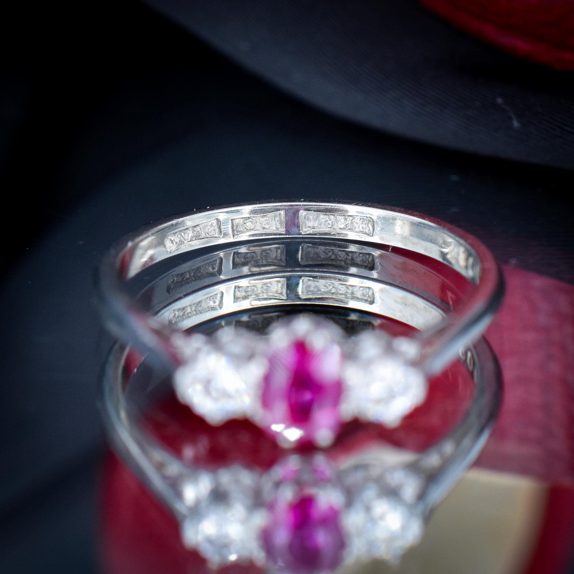 Antique Ruby and Diamond 18ct White Gold Three Stone Trilogy Ring