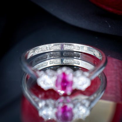 Antique Ruby and Diamond 18ct White Gold Three Stone Trilogy Ring