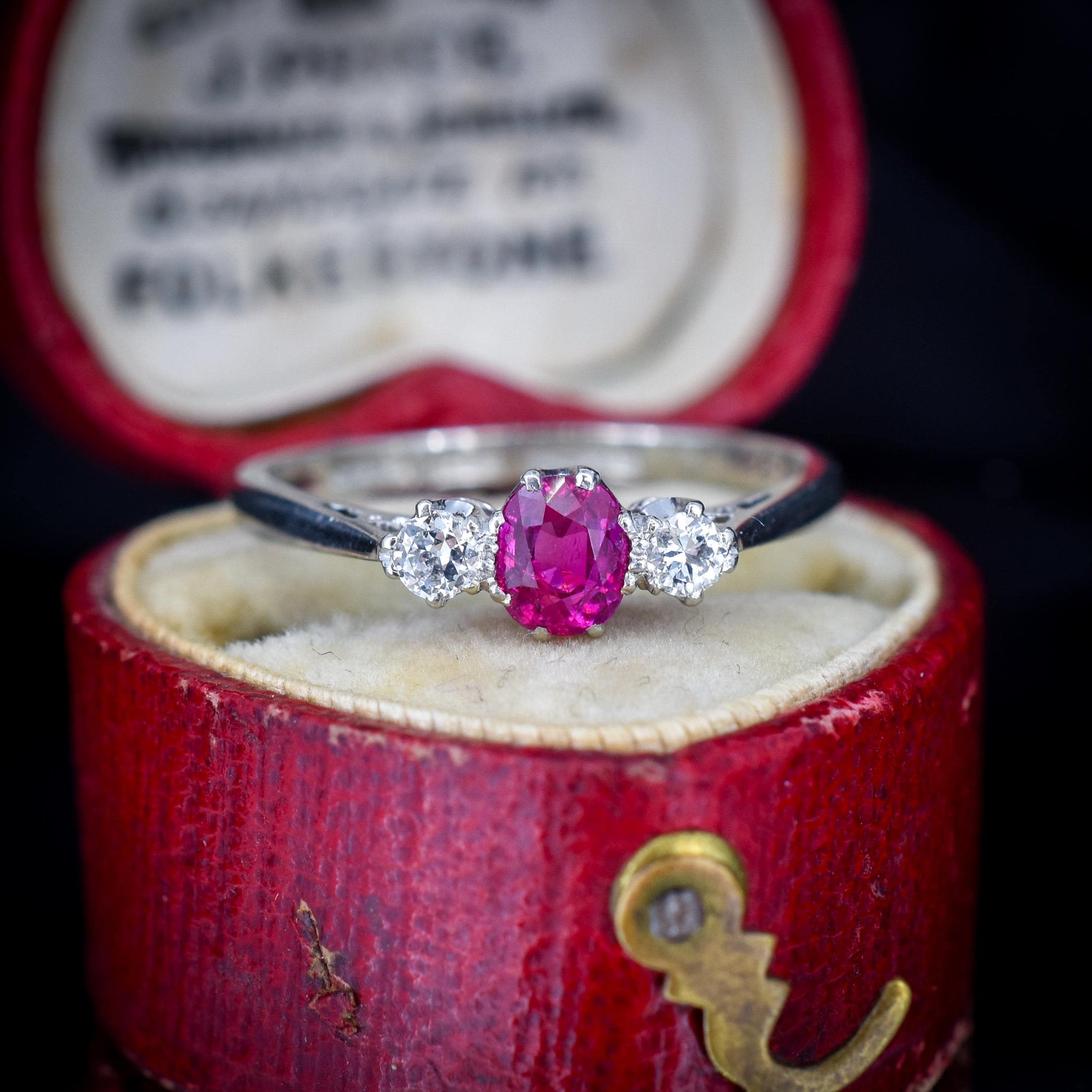 Antique Ruby and Diamond 18ct White Gold Three Stone Trilogy Ring