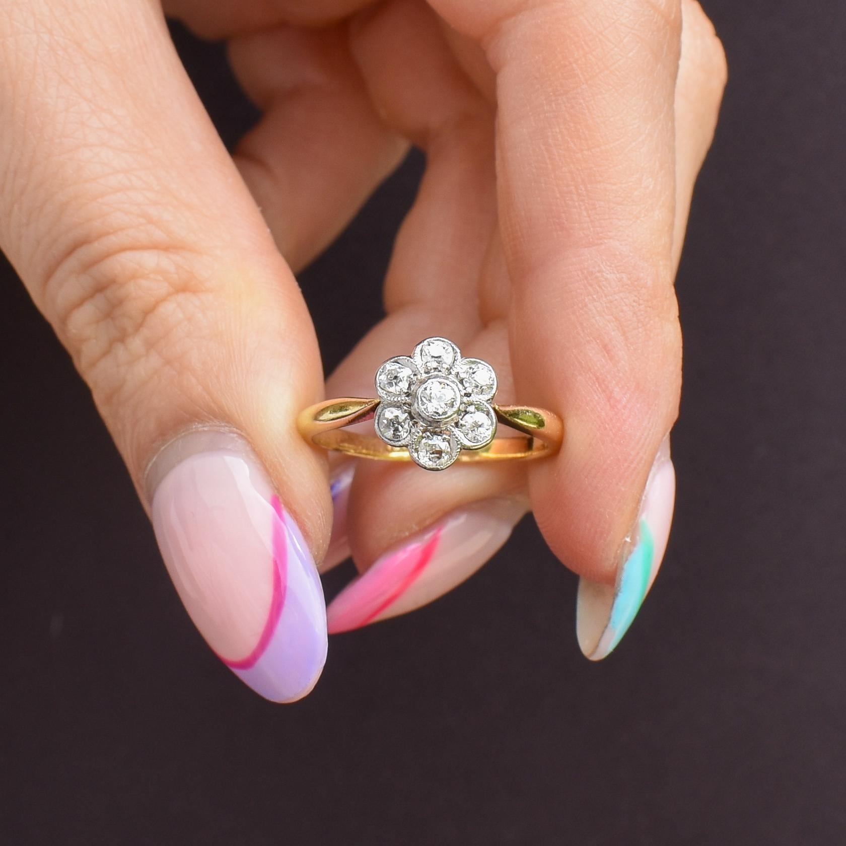 Antique Diamond Cluster Daisy 18ct Gold and Platinum Ring