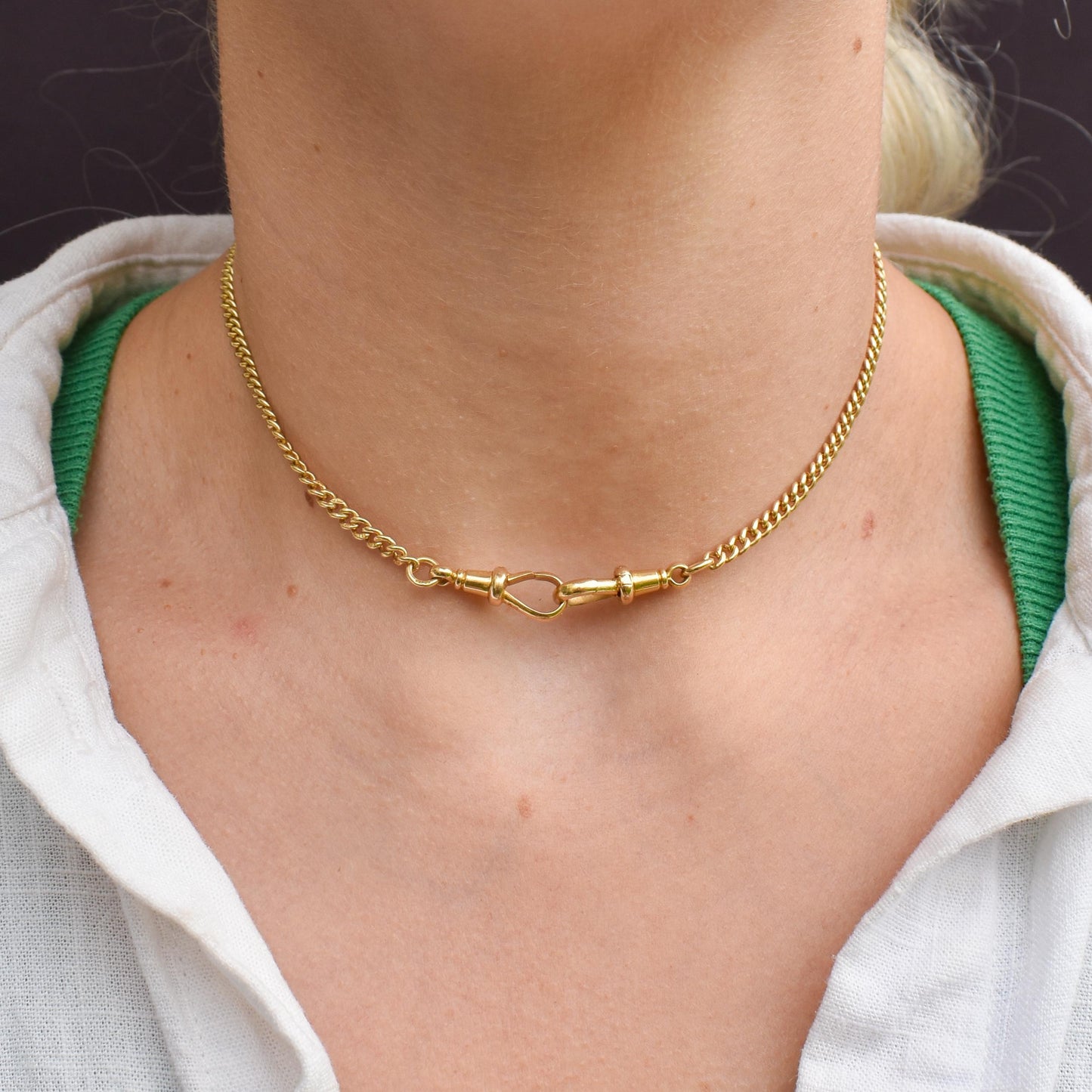 Antique 18ct Yellow Gold Curb Link Chain Necklace with Double Dog Clip Fastening - 13.75"