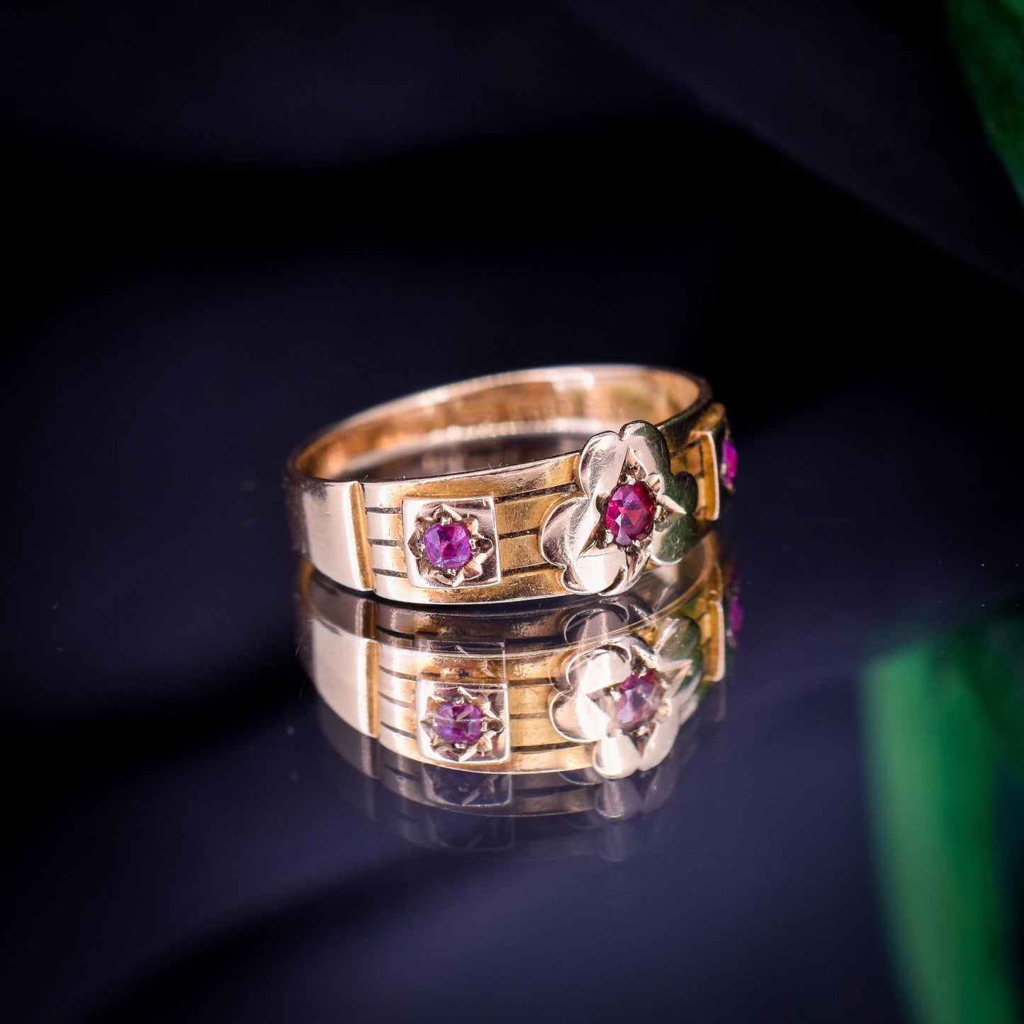 Antique Ruby Three Stone 15ct Gold Clover Gypsy Ring | Birmingham 1885