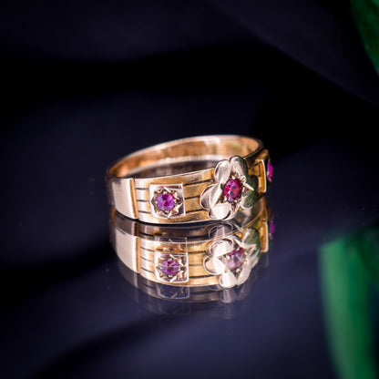 Antique Ruby Three Stone 15ct Gold Clover Gypsy Ring | Birmingham 1885