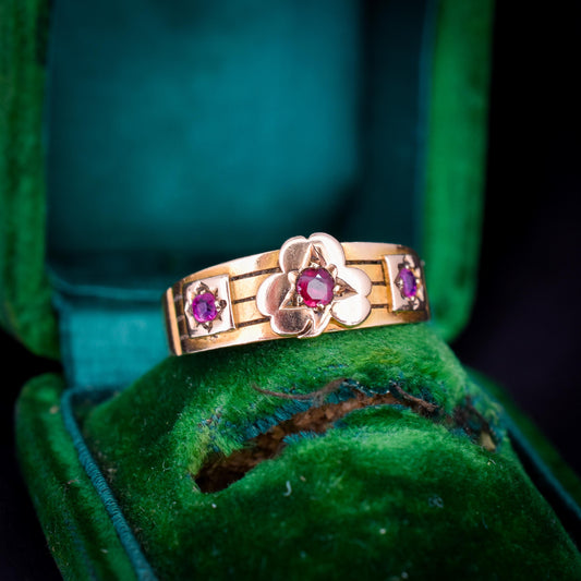 Antique Ruby Three Stone 15ct Gold Clover Gypsy Ring | Birmingham 1885
