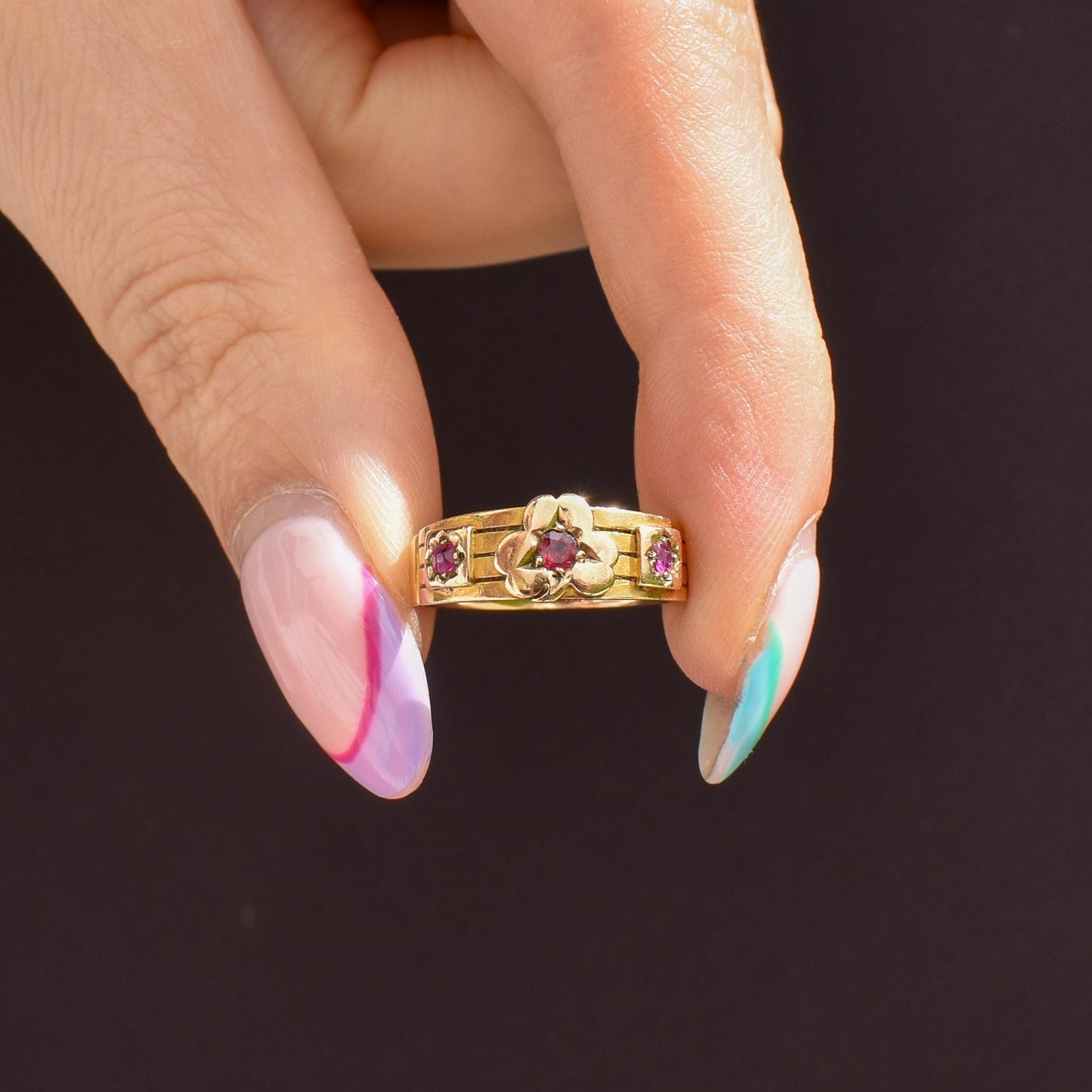 Antique Ruby Three Stone 15ct Gold Clover Gypsy Ring | Birmingham 1885