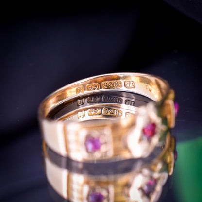 Antique Ruby Three Stone 15ct Gold Clover Gypsy Ring | Birmingham 1885