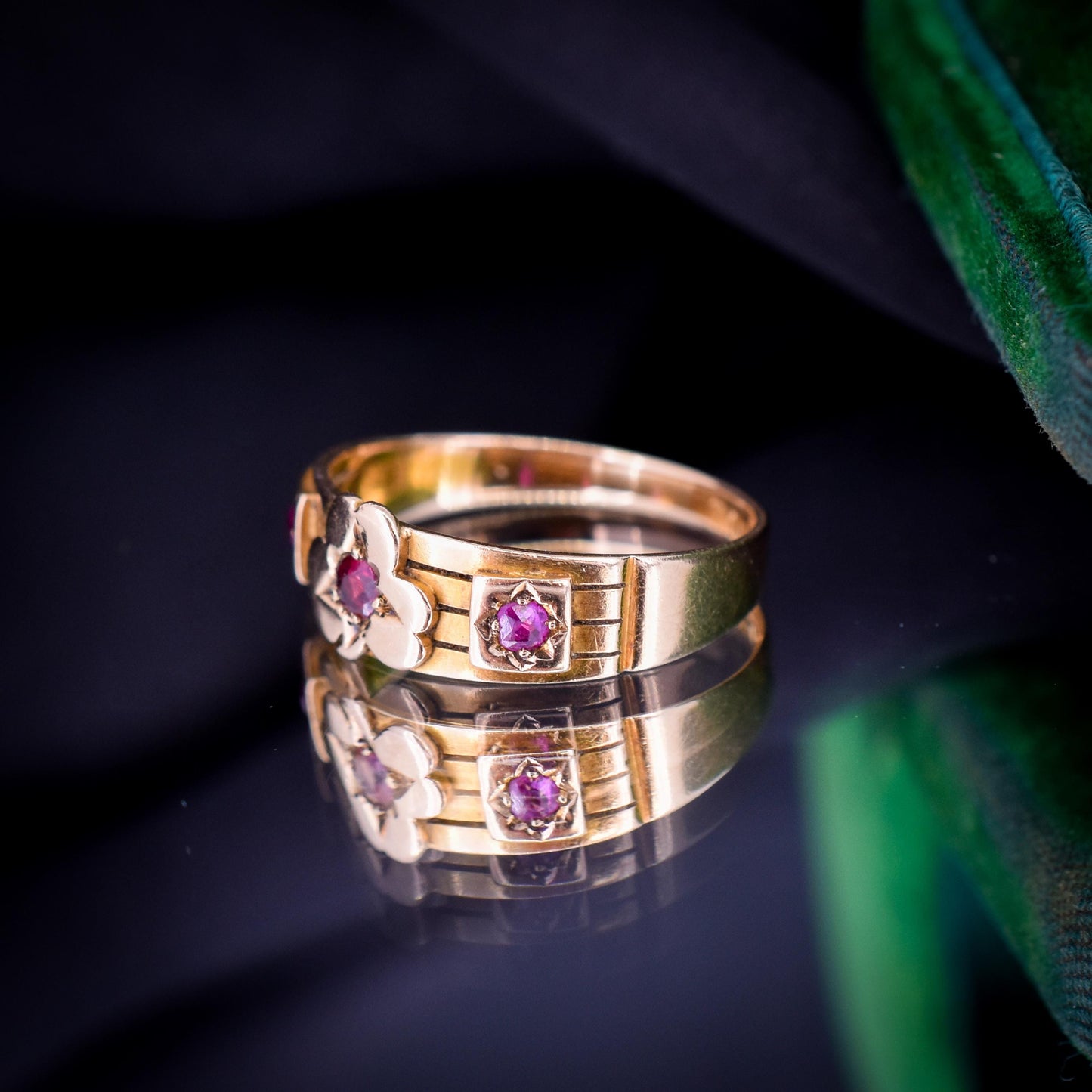 Antique Ruby Three Stone 15ct Gold Clover Gypsy Ring | Birmingham 1885
